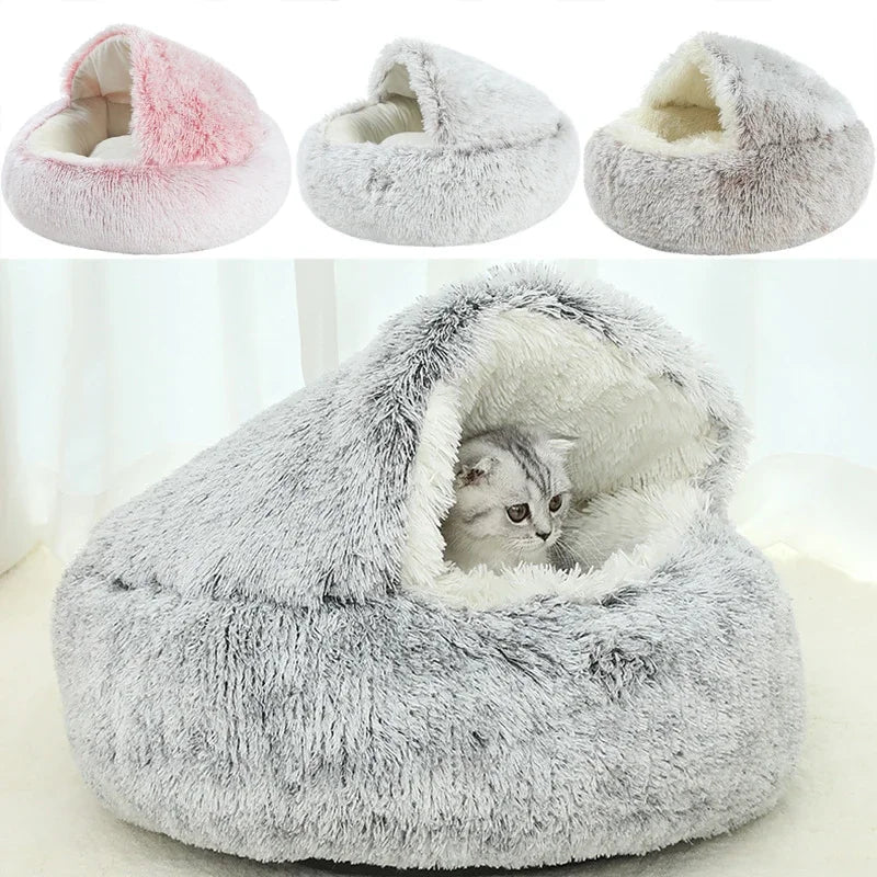 Winter Plush Cat Bed – 2-in-1 Warm Pet Cushion & Sleep Bag for Cats and Small Dogs