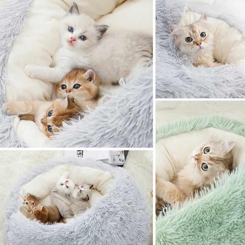 Winter Plush Cat Bed – 2-in-1 Warm Pet Cushion & Sleep Bag for Cats and Small Dogs